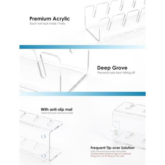 Clear Acrylic Hat Stand Organizer 2 Pack Baseball Cap Rack Holds 14 Hats - Picture 6 of 7